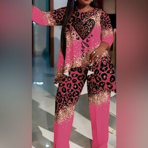 NEW Leopard and Heart Print Casual Matching Outfit Shirt & Pant Set Plus Size 5X